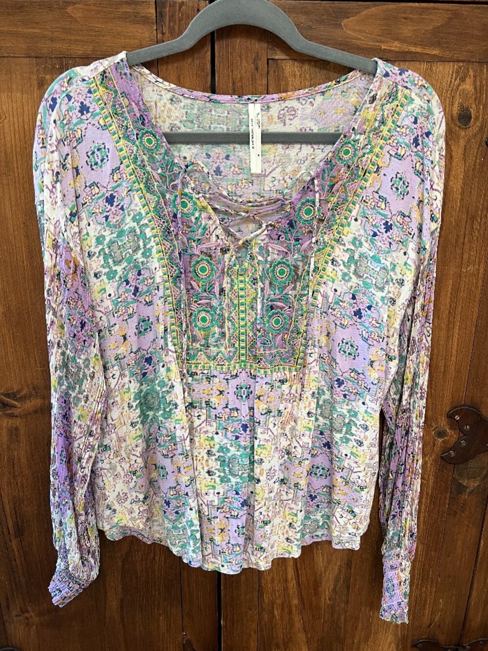 Anthropologie Lavender Boho Lace-Up Embroidered Blouse